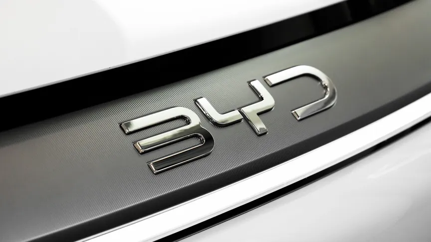 Close-up of the BYD emblem on a vehicle.